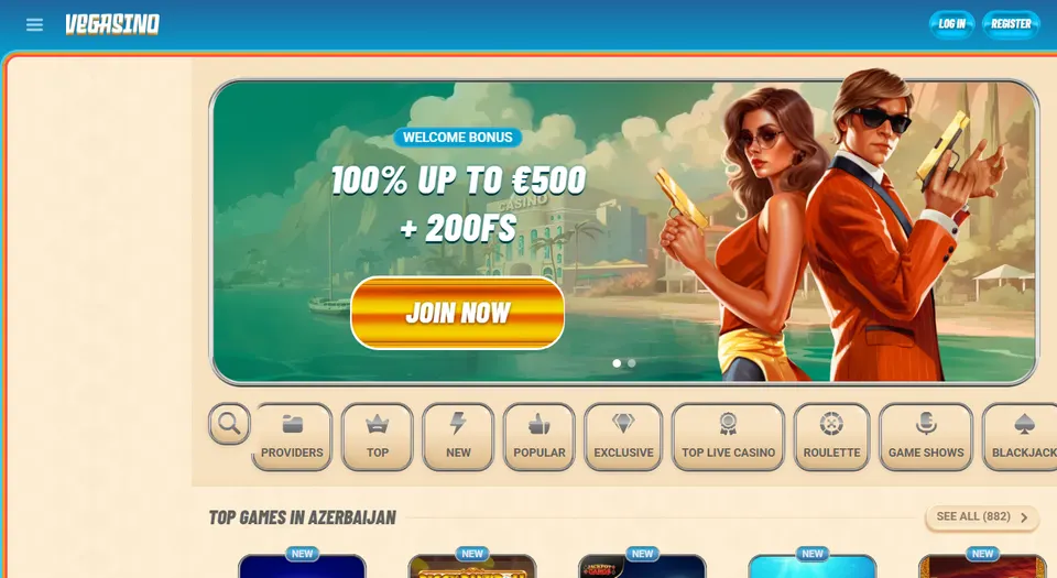 Homepage di Vegasino con il bonus di benvenuto da 500 euro